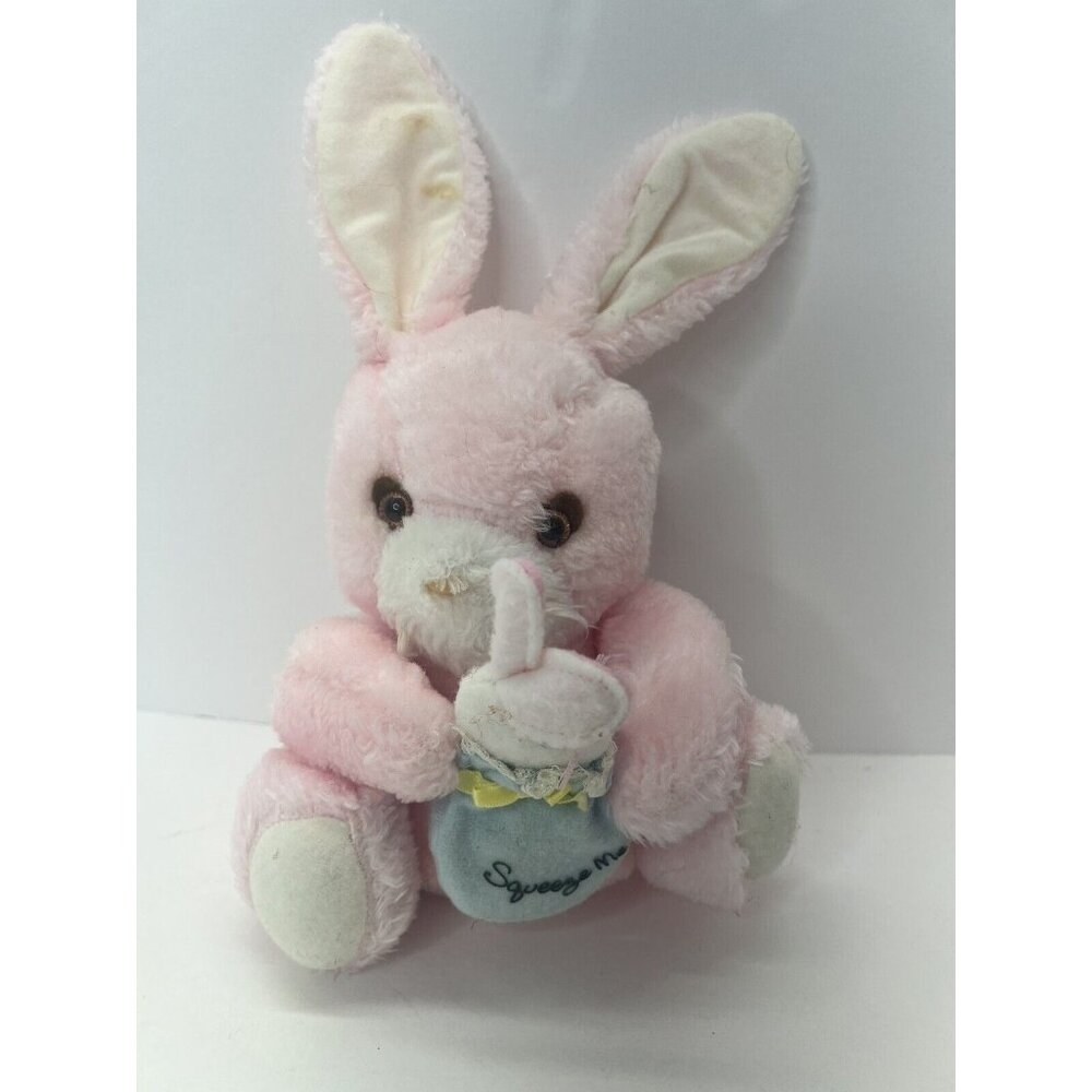 11" Vintage Knickerbocker Pink Bunny Rabbit Stuffed Animal Plush Toy Squeaks